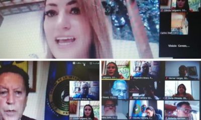 Foto Imagen De La Videoconferencia. Arriba Se Destaca La Diputada Nadia De Leon. Abajo En El Extremo Izquierdo El Secretario General Del SICA Vinicio Cerezo